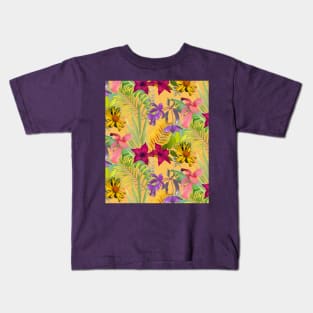 Elegant tropical flowers and leaves pattern purple illustration, yellow tropical pattern over a Kids T-Shirt